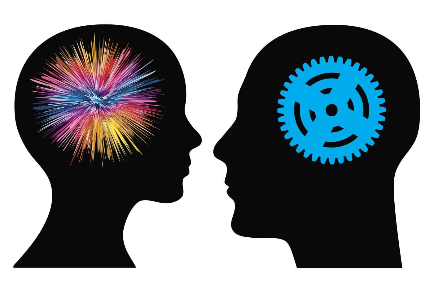 Selbstkontrolle unter Stress - Tempo rausnehmen. 2 Köpfe stehen sich gegenüber, als Gehirne sieht man ein Zahnrad und ein buntes Irgendwas. Die Köpfe sind nicht echt, sondern schwarz ausgefüllt.