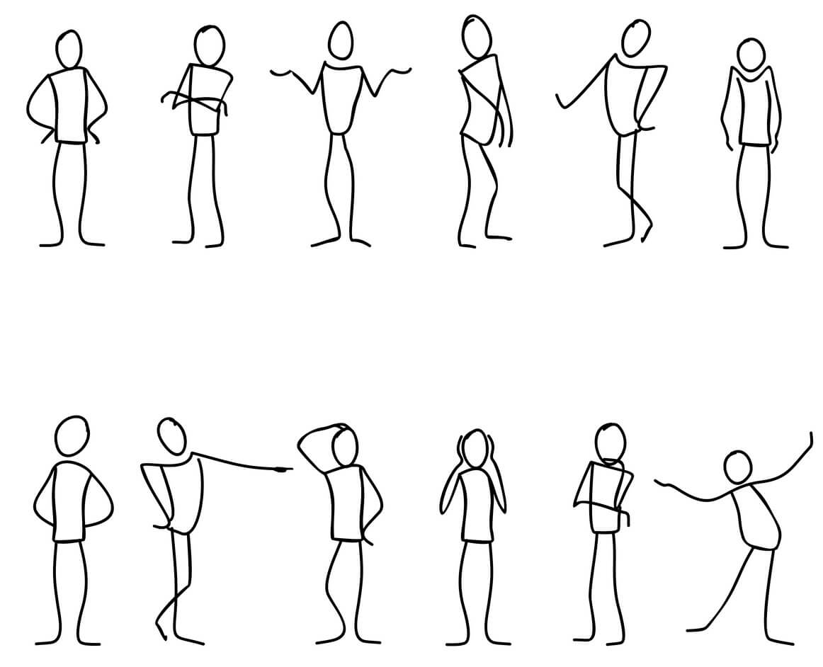 DEESKALATIONSTRAINING FÜR MITARBEITER Gezeichnete Figuren stellen unterschiedliche Posen dar. Jede Pose drückt etwas aus zum Beispiel Nachdenken, Ablehnung, Ratlosigkeit